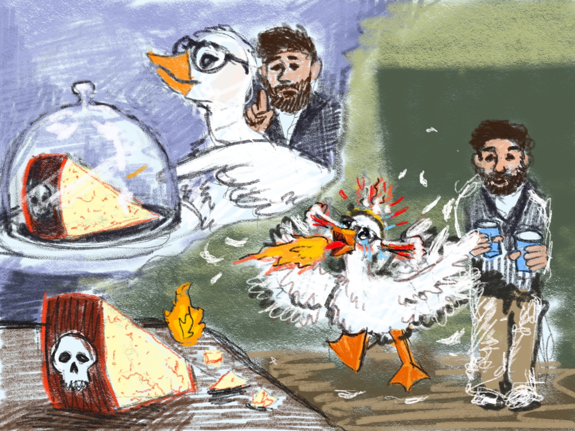 The goose confidently trying ghost pepper cheese, then in full meltdown while Isaac watches