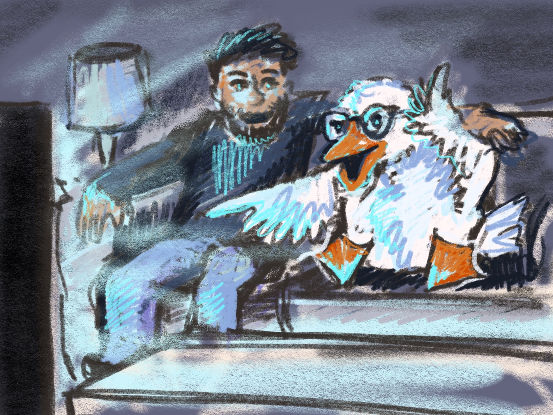 Isaac and the goose on the couch watching reality TV, the goose pointing furiously at the screen