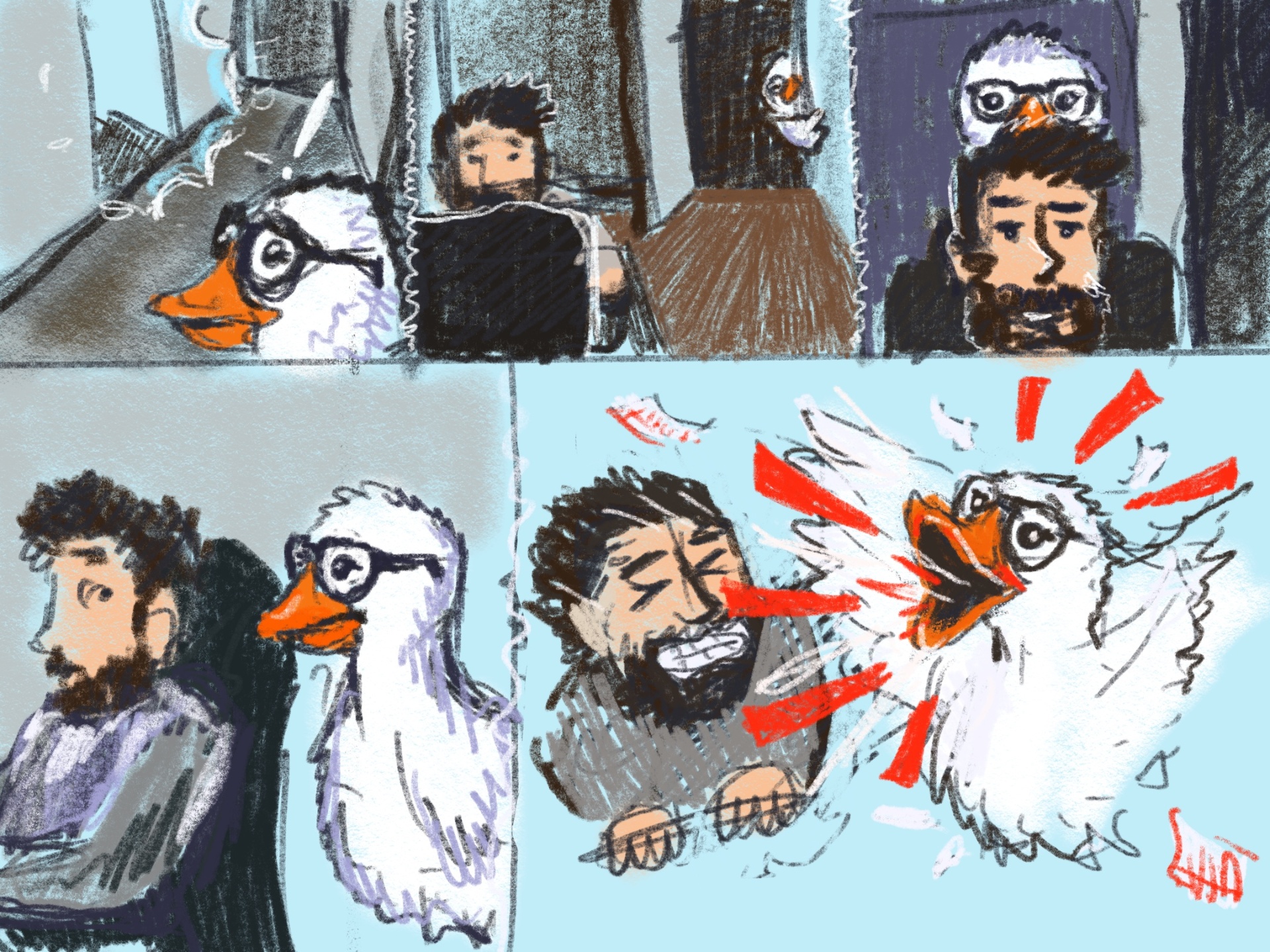 The mew escalation sequence — from quiet peek to full HONK chaos with feathers flying