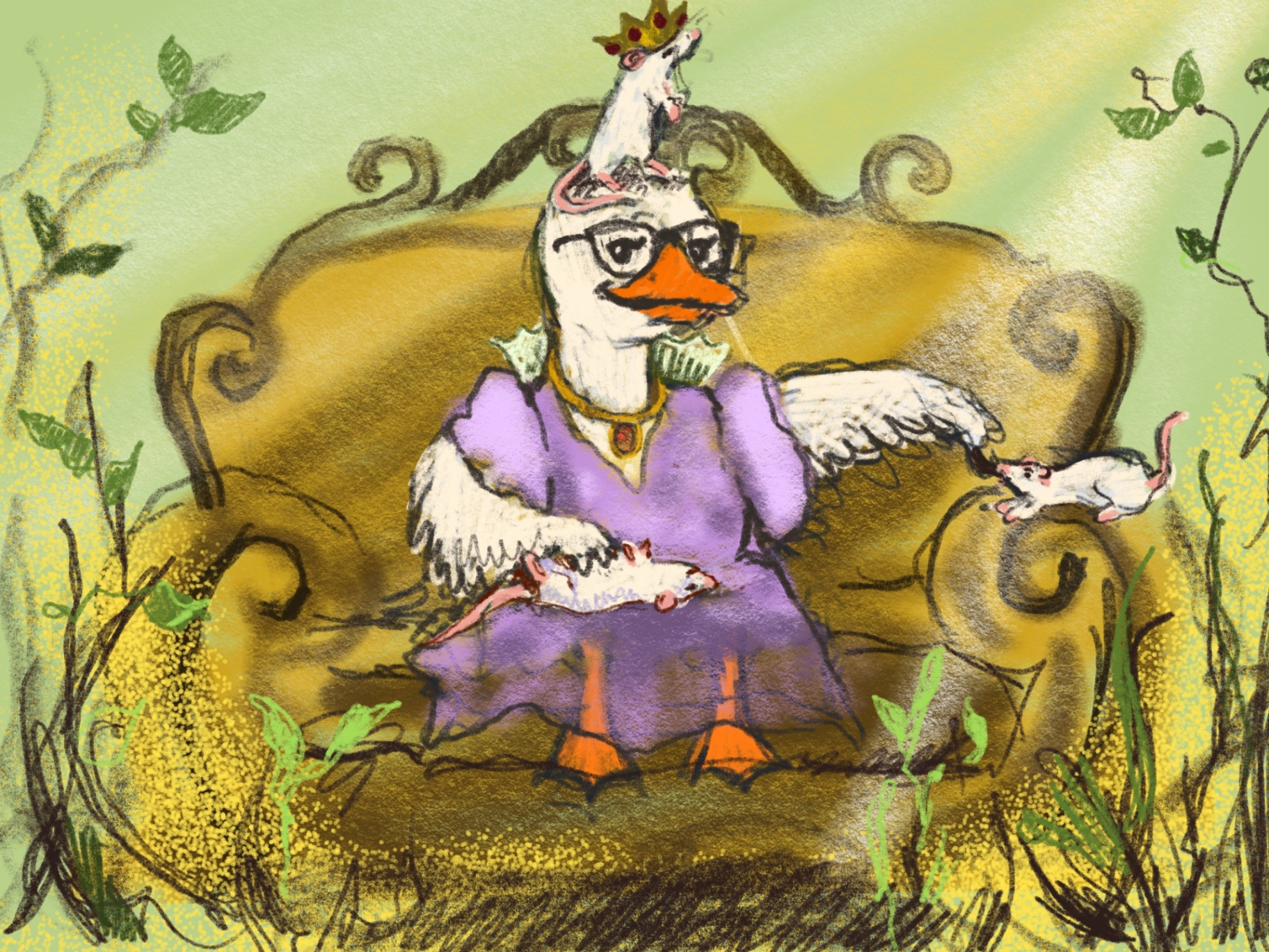 The Rat Queen — the goose on a throne with crown, Peach on her lap, Misty on her head, Winky sneaking away