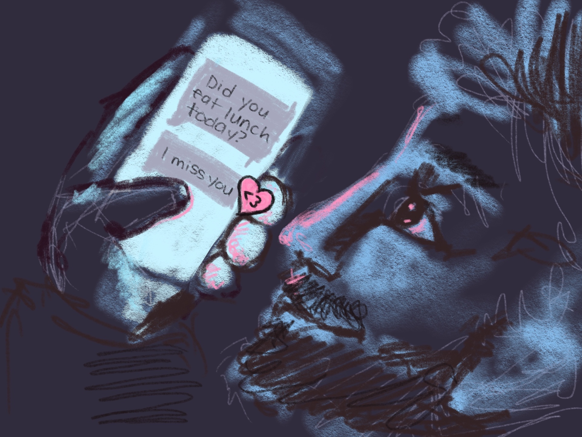 Close-up of Isaac looking at his phone — texts reading 'Did you eat lunch today?' and 'I miss you' with a heart