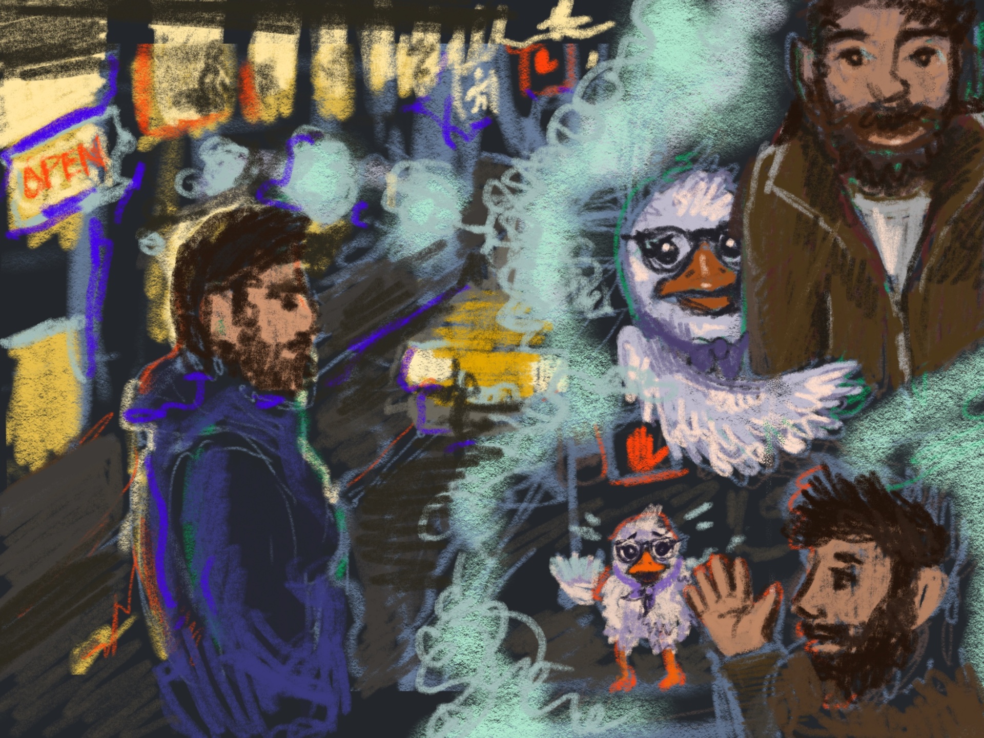 Isaac walking through a busy city street, remembering the goose hiding behind his arm in public